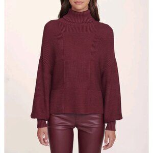 New Staud Benny Textured Balloon Sleeve Turtleneck Sweater Merlot Small $235